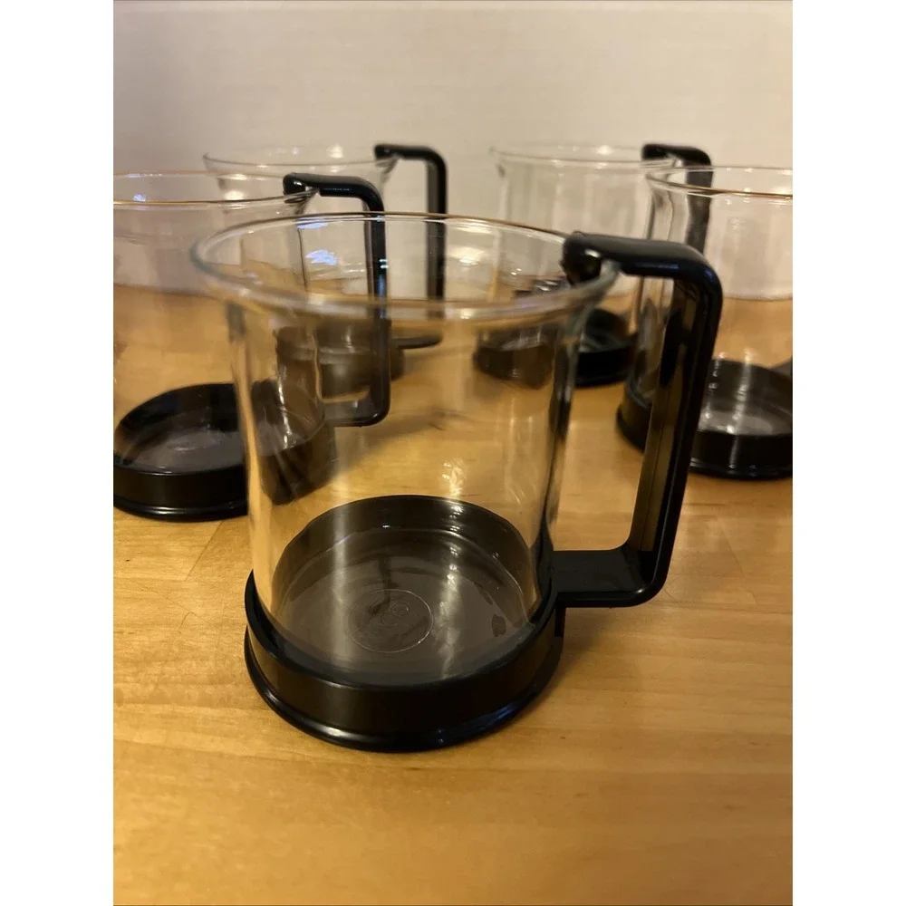5 bodum Glass Black Handle Mug Coffee Tea Switzerland Snap-On Handle With Spoons